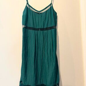 Elizabeth+James Teal Silk Spaghetti Strap Midi Dress w/ Mesh Insets